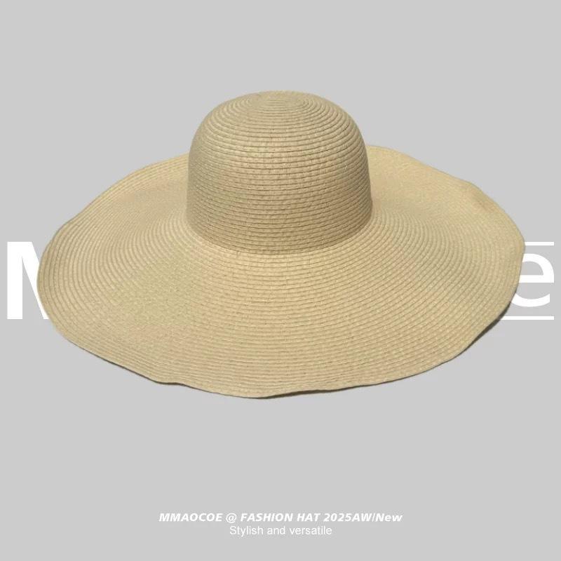 New French Flat-top Straw Hat Women's Big Head Circumference Seaside Beach Top Hat Woven Sun Hat Summer