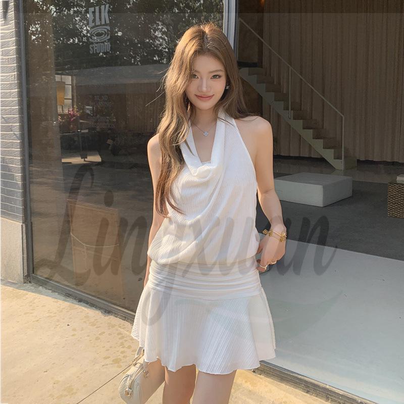 2026 Spring/Summer Draped White Halter Backless Dress - Elegant A-Line with Cinched Waist M