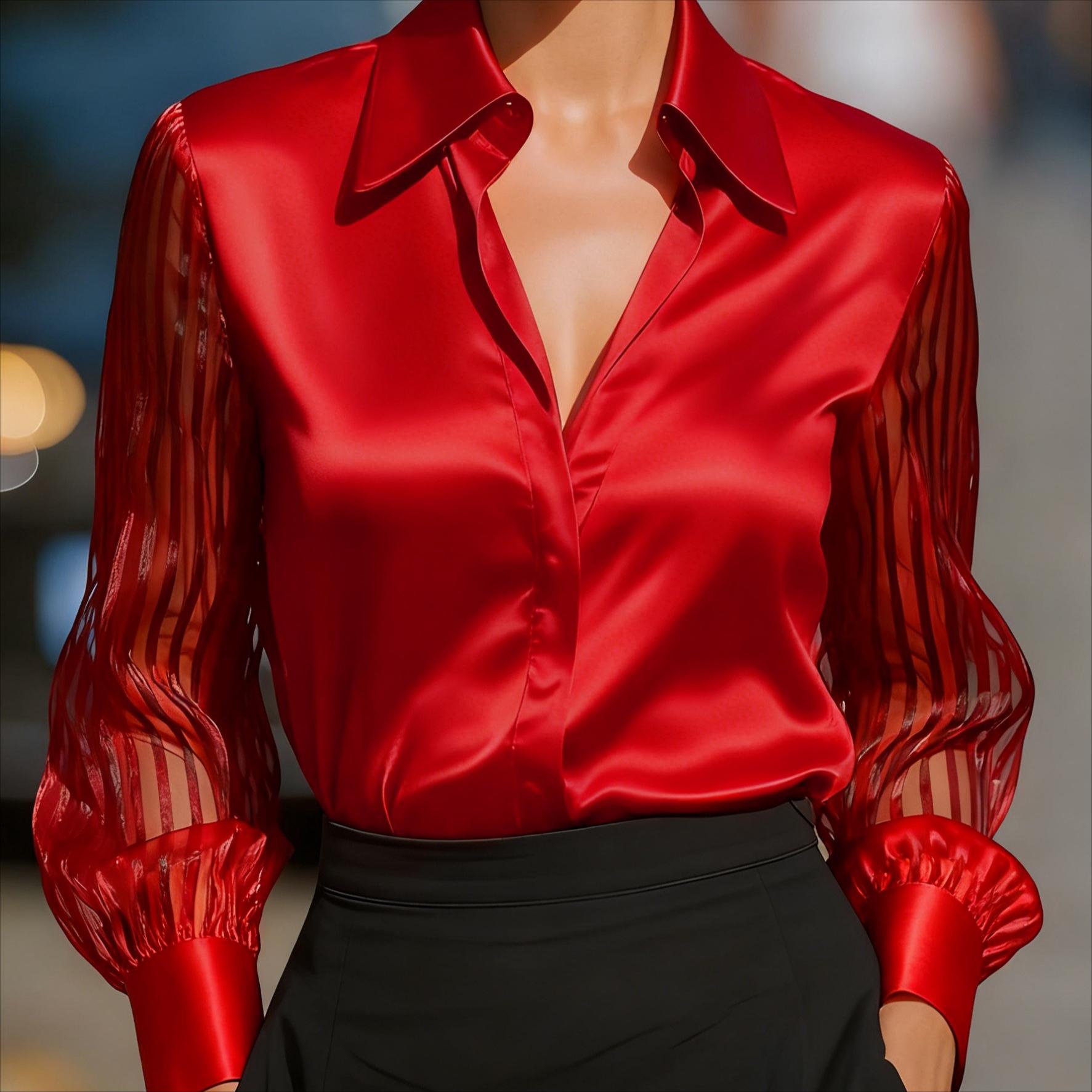 

Весна Осінь Нове Надходження Однотонні Атласні Сорочки з Довгим Рукавом Жіночий Одяг S червоний