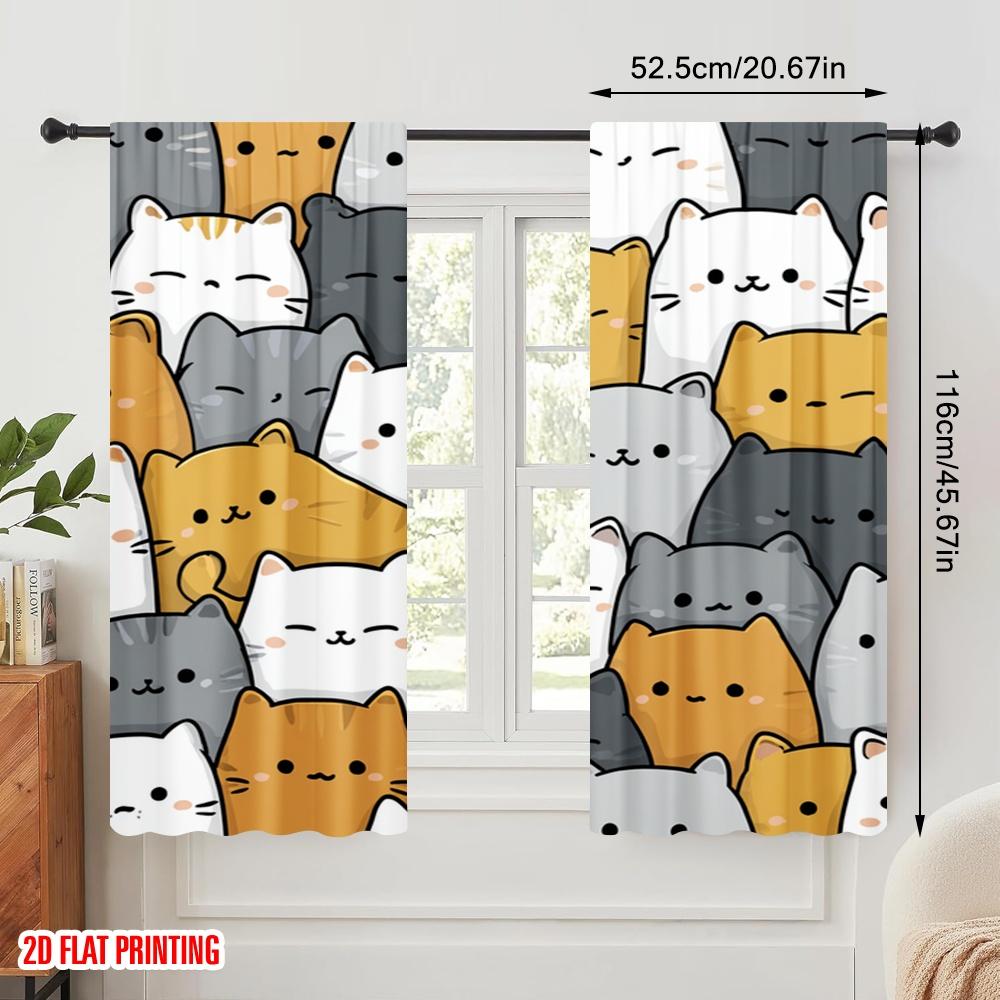 2 Stück 2D-Flachdruck Fensterbehandlung Vorhänge Niedliche Katzen Kawaii 100% Polyester Ohne Strom 0 für Wohnzimmer Außenbereich