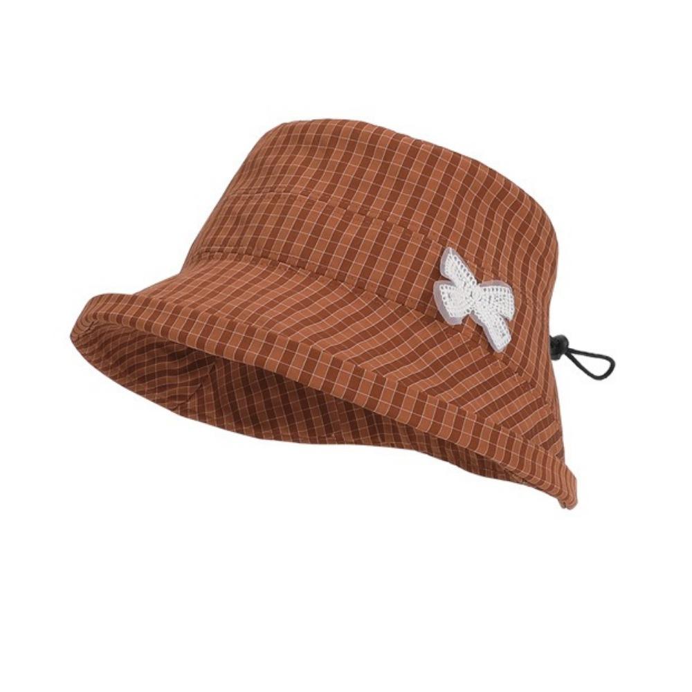 Wide Brim Women Bow Fisherman Hat Checkered Pattern Breathable Bucket Hat Plaid Pattern Windproof Sun Protection Hat Outdoor