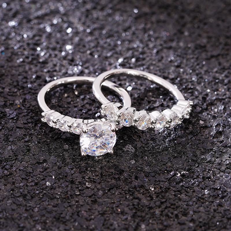 Huitan AA Round Cubic Zirconia 2Pcs Set Rings for Women Luxury Silver Color Wedding Accessories Modern Able Jewelry