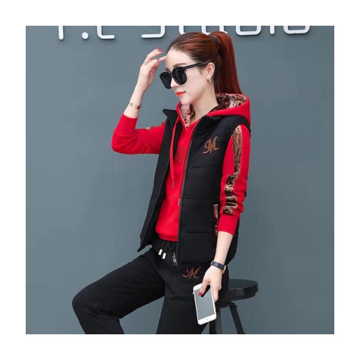 

Женский теплый плюшевый спортивный костюм: Осенне-зимний модный костюм-тройка в корейском стиле с капюшоном XXXL красный