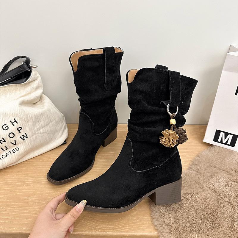 2025 autumn new sweet and cool girl height-increasing medium tube stacking boots women's V-mouth western boots thick heel thin knight boots