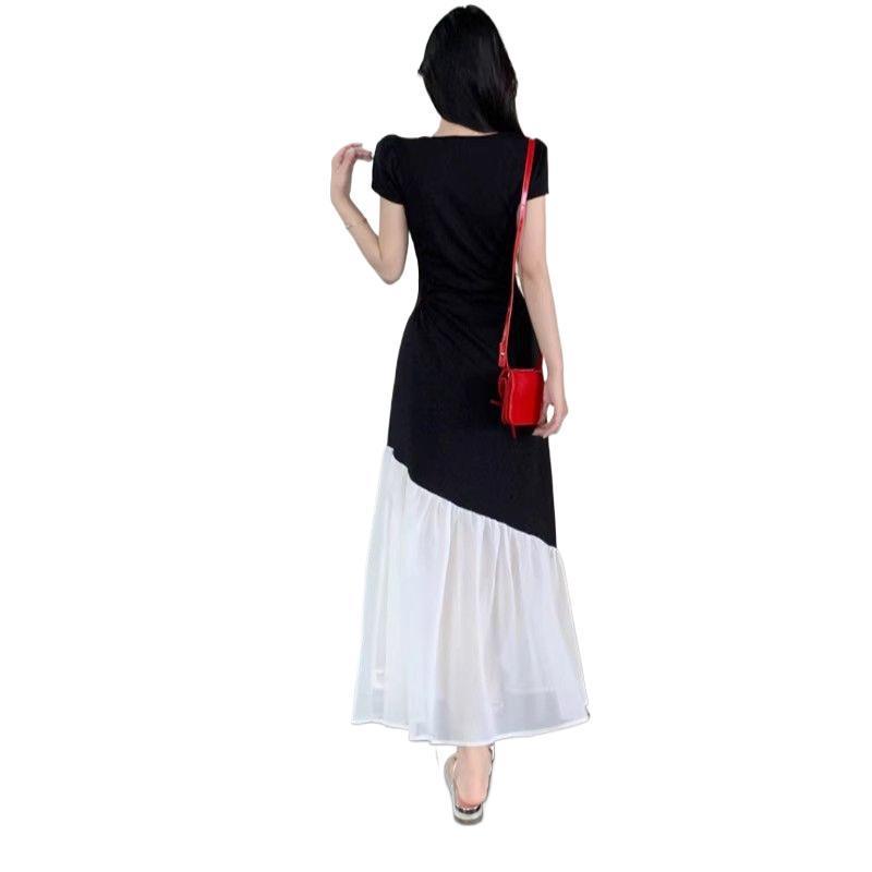 Plus Size Hepburn Style Color Block Summer Dress - Short Sleeve, Waist Slimming, Patchwork Design.