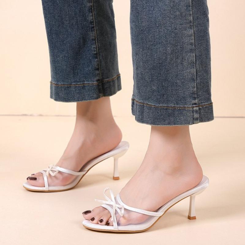 Fashion Hot-sell Women's High Heels Slippers Luxury Slim Heel Sandals Fashion Bow Decorated High Heels Slippers Breathable Mesh Slippers
