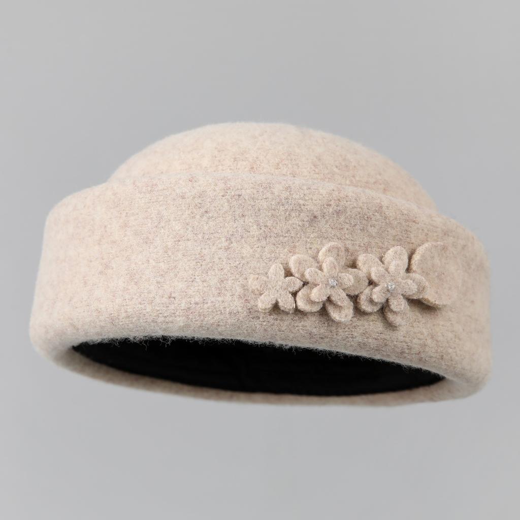 Retro-Hut Damen Herbst und Winter Neu Elegant Blume Wolle Topfhut Mutter Zylinder Gesicht zeigend Kleiner Fischerhut