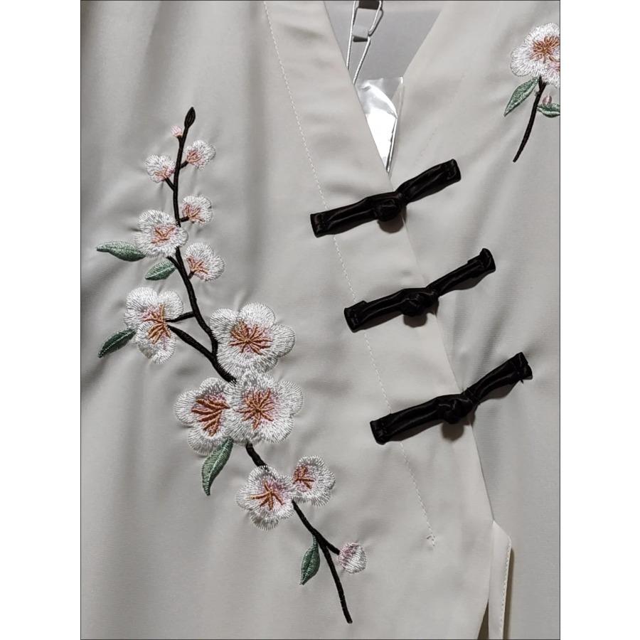 Summer V Neck Chinese Embroidery Blouse Women Oblique Frog Buttons Tie Loose Casual Shirt