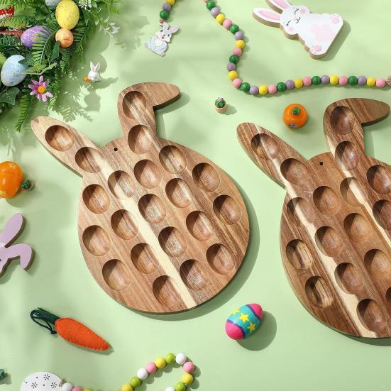 Easter Deviled Egg Platter Bunny Shape Wooden Serving Tray 21 Holes Deviled Eggs Holder Serving Platter for Easter Party Spring Holiday