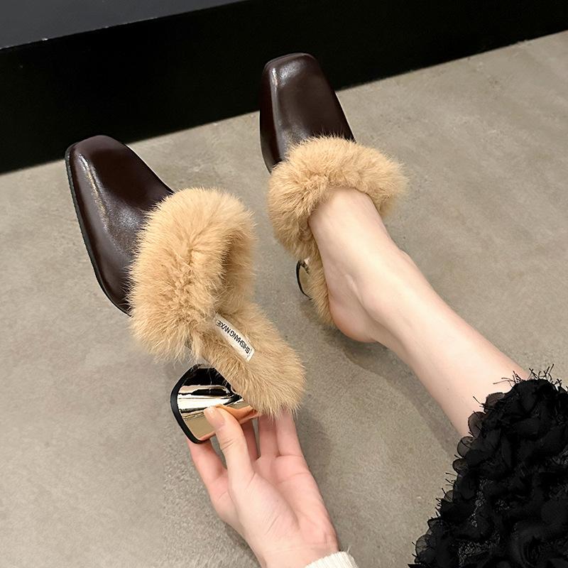 Mao Mao Slippers Women's Outer Wear 2025 Autumn Thick Heels High Heels French High-end Sense Bag Head Cotton Drag Temperament Muller Shoes
