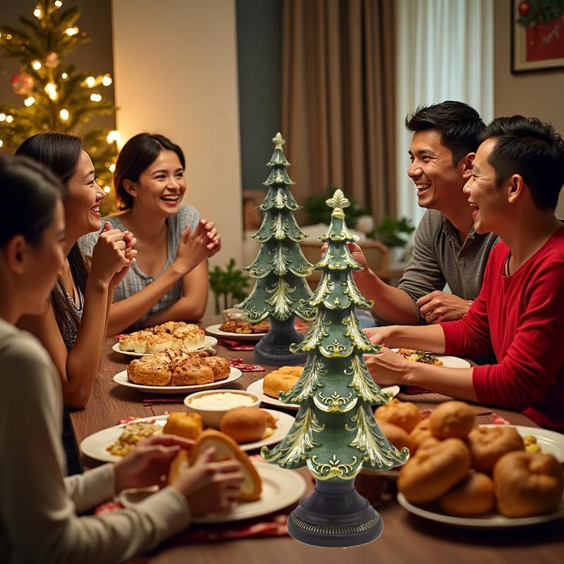 1 stk Juletre Borddekorasjon - Elegant Grønn og Gull Høytidssenterpynt, Slitesterkt Resinmateriale for Innendørs og Utendørs Bruk