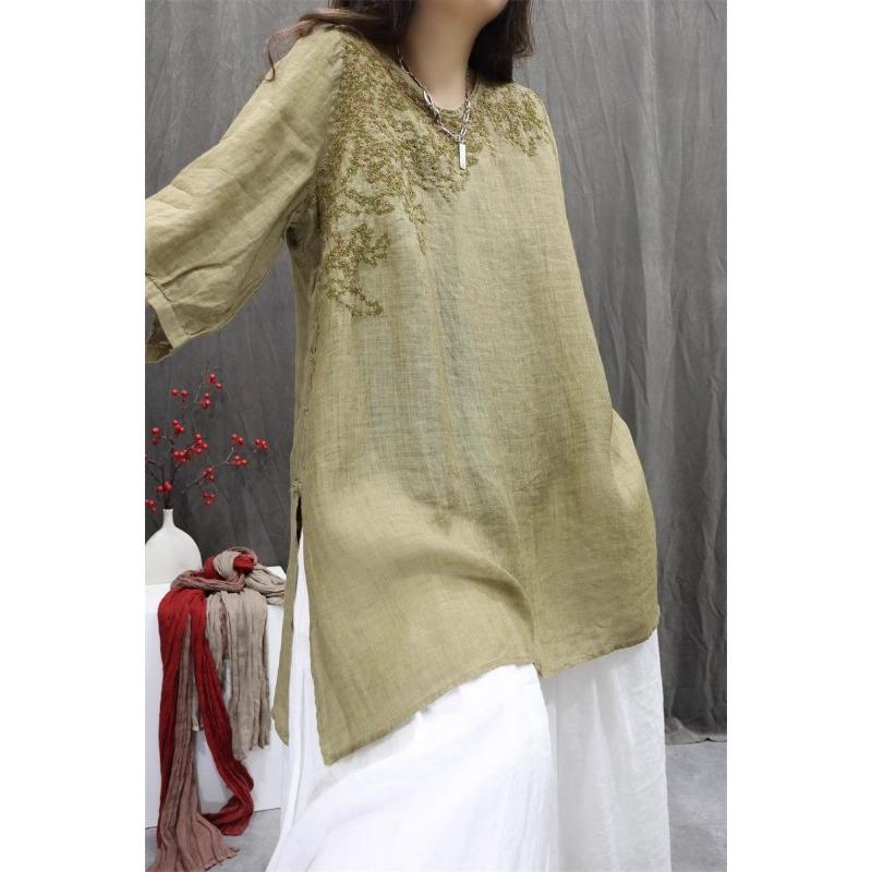 Women Summer Spring Round Neck Half Sleeve Cotton Linen Blend Embroidered Retro Casual Tunic Top