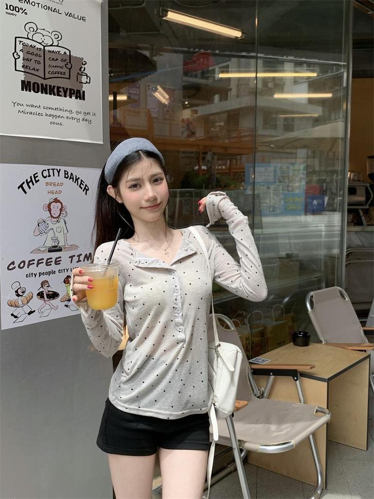 Spring/Summer Korean Polka Dot Sheer Slim-Fit Long Sleeve T-Shirt for Women
