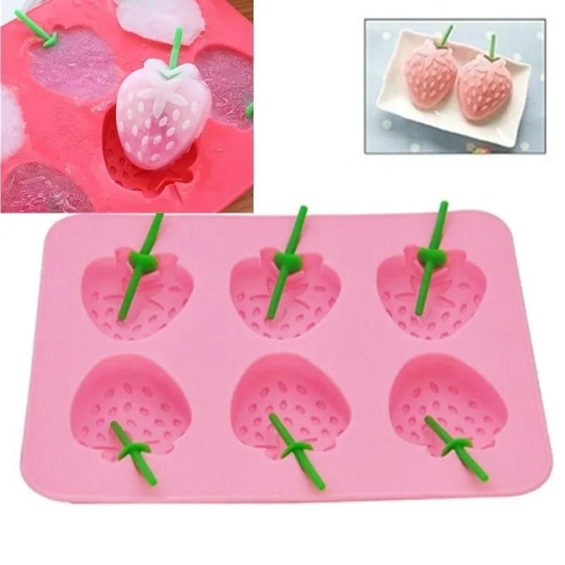 6 Cavity Strawberry Shaped Ice Mold DIY Silicone Ice Cube Tray Ice Cream Maker Lollipop Mold Ice Cube Mold
