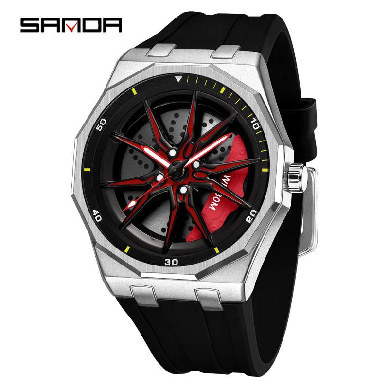 Sanda Men's Waterproof Alloy Car Wheel Design Silicone Wristwatch