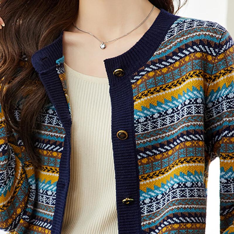 Srcr Women's Retro Jacquard Pure Wool Knit Cardigan