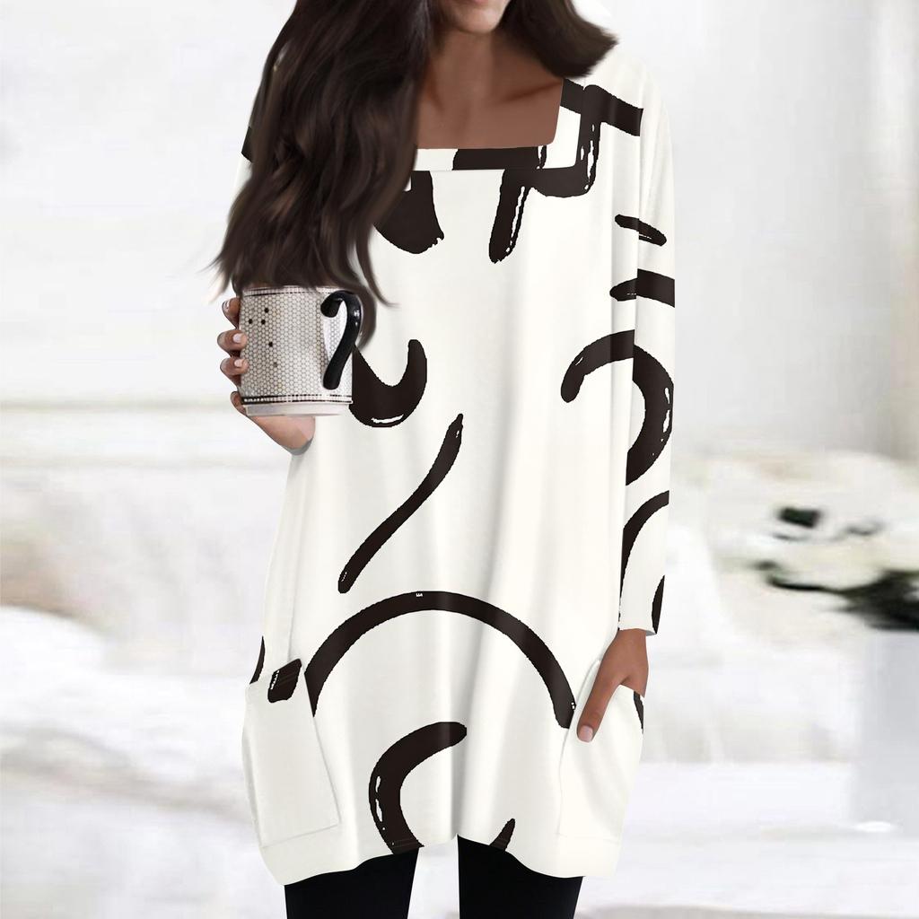 Womens Tops Square Collar Long Sleeve Blouses Casual Mid-length Shirts Fashion Print Tunic Tops With Pockets