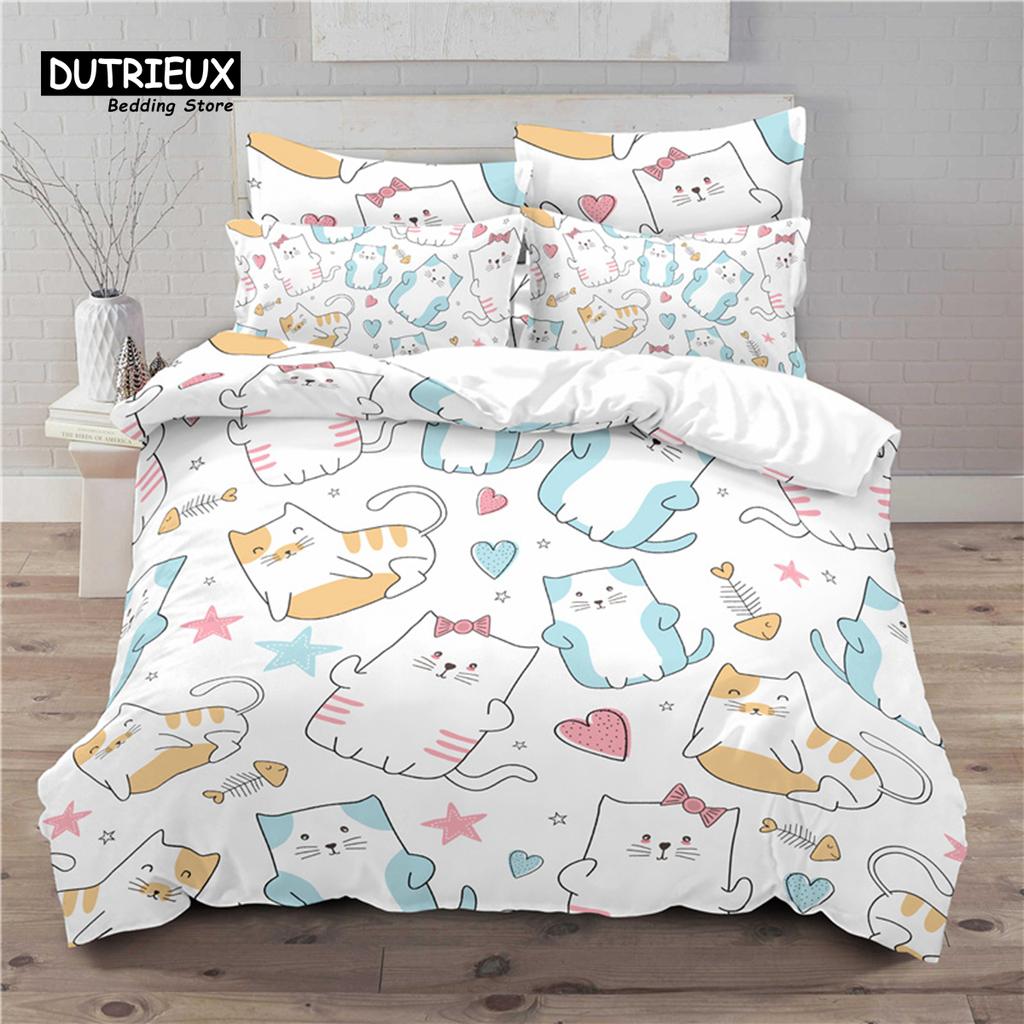 Luxury 3D Cute Cat Print Home Living Comfortable Duvet Cover Pillowcase Kids Bedding Set Queen and King EU/US/AU/UK Size