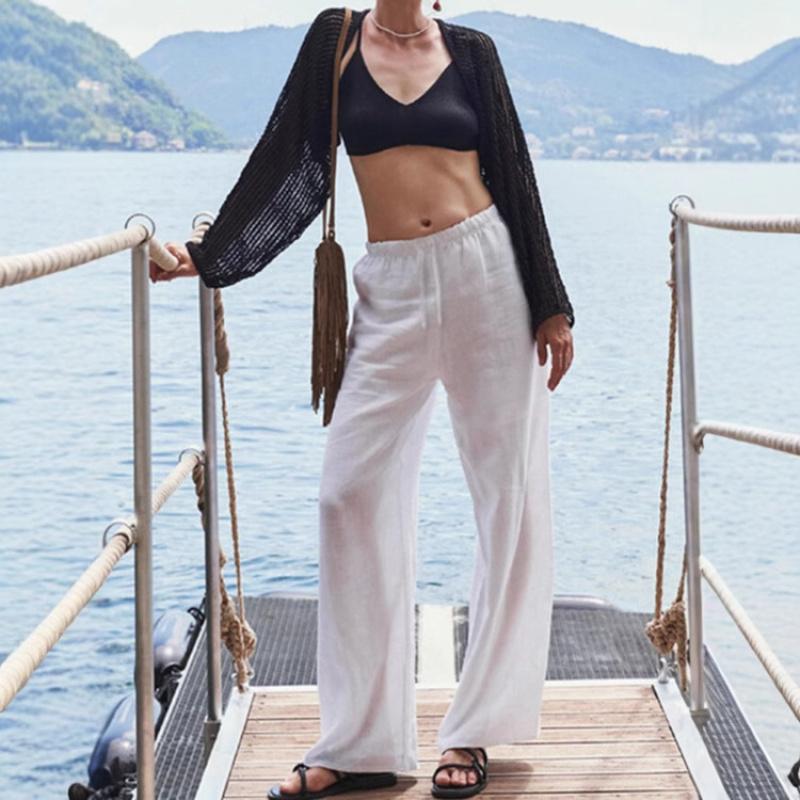 White linen tencel wide-leg women's pants, spring/summer high-end loose simple straight-leg pants, paper-thin cotton-linen casual women's trousers