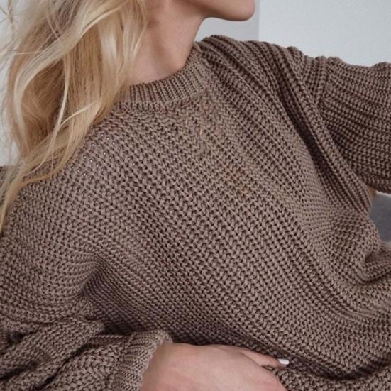 O-Neck Long Sleeve Knitted Sweater Ribbed Edge Solid Color Coarse Yarn Women Sweater Female Clothing