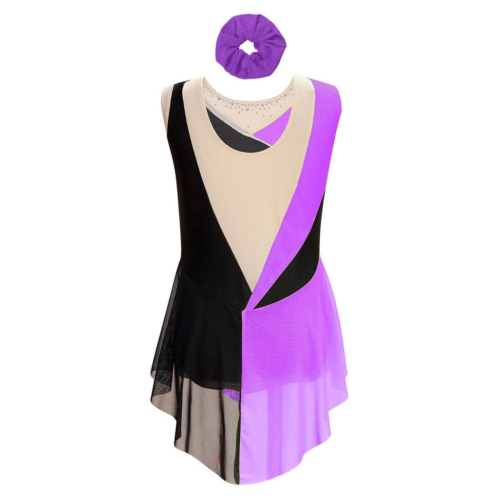 Flickors Konståkningsdansdräkt Glittrig Strass Färgblockad Leotard Genomskinlig Nätmönstrad Ärmlös Bodysuit Hårband Set