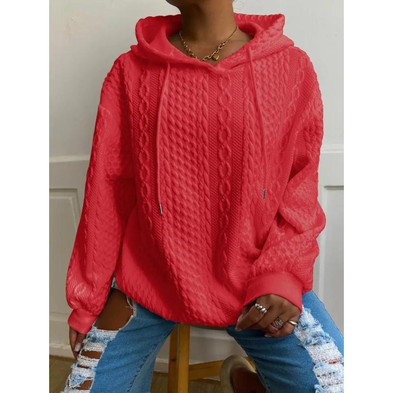 Women's Casual Top, Solid Color Textured Long Sleeve Drawstring Loungewear Hoodie