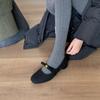 2025 New Korean Version of Round Head with Bow Thick Medium Heel Woolen Velvet Women's Mary Jane Single Shoes