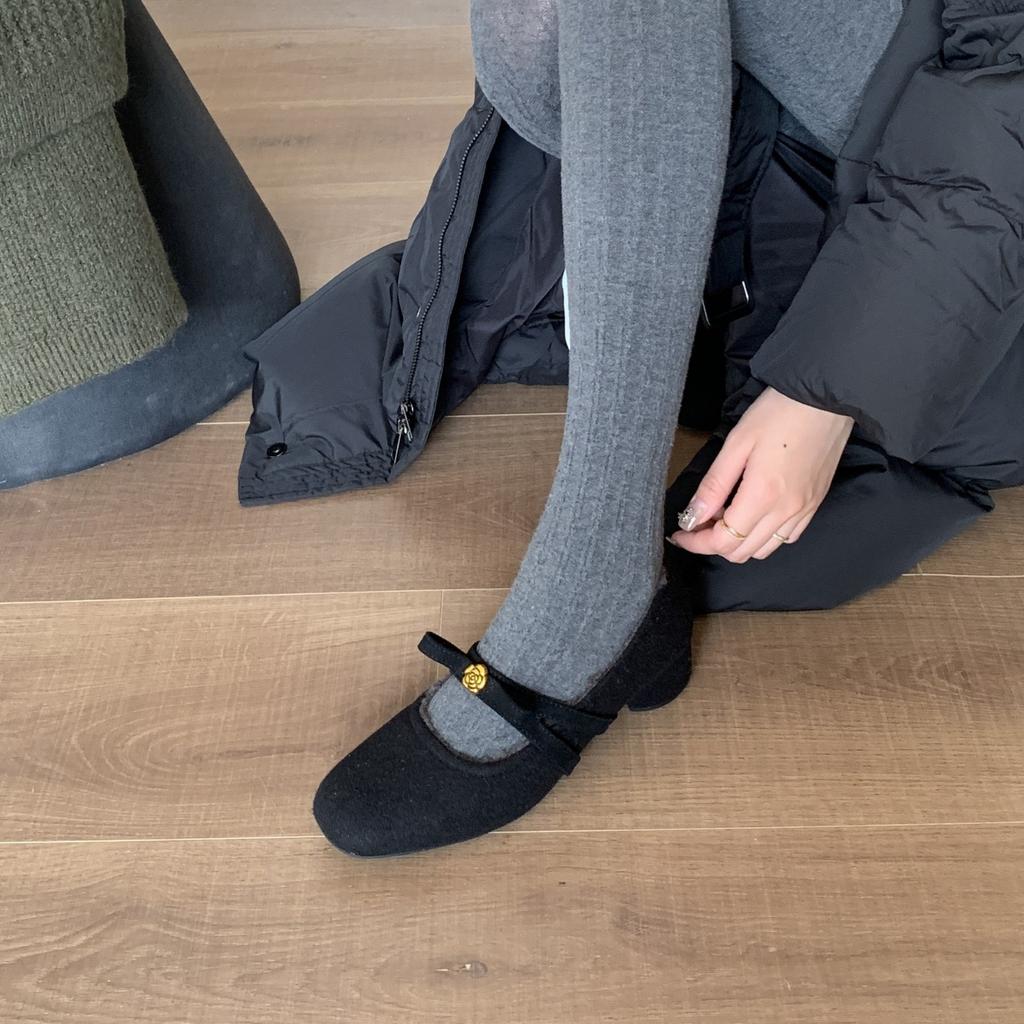 2025 New Korean Version of Round Head with Bow Thick Medium Heel Woolen Velvet Women's Mary Jane Single Shoes