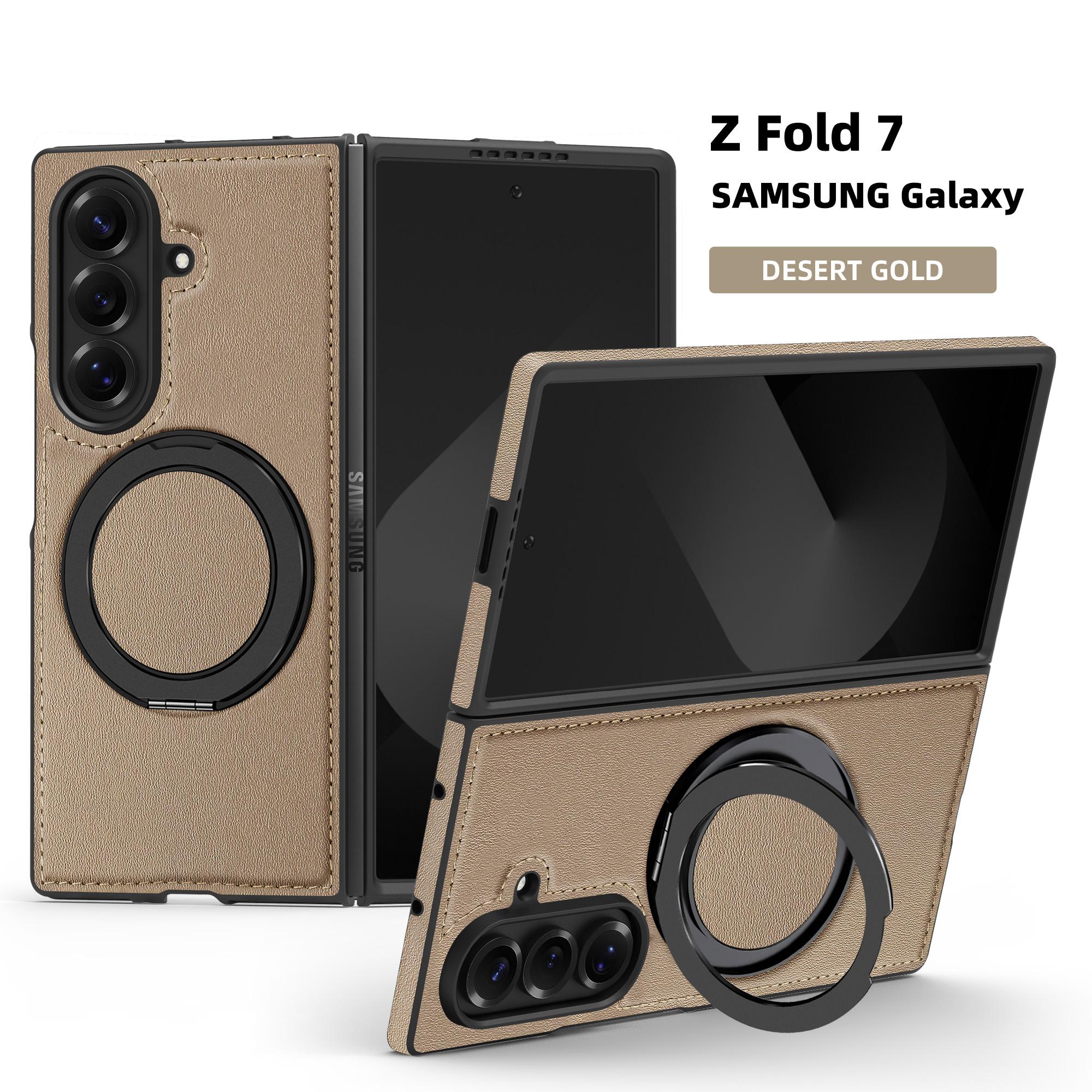 

For Samsung Galaxy Z Fold7 5G Case with Ring Kickstand Compatible with MagSafe PU Leather Back Cover Desert Gold