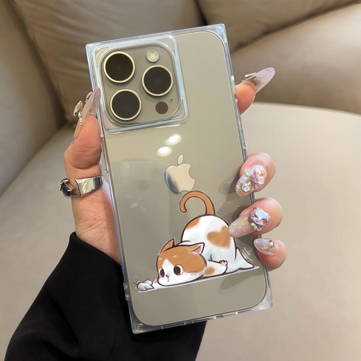 

Square Back Tube Protection Clear Case For iPhone 12 14 Pro Max 15 Plus 16 ProMax 13 11 Anti-Oxygen,Loving Cat And Mouse Eye Contact Pattern Casing iphone 11 ProMax