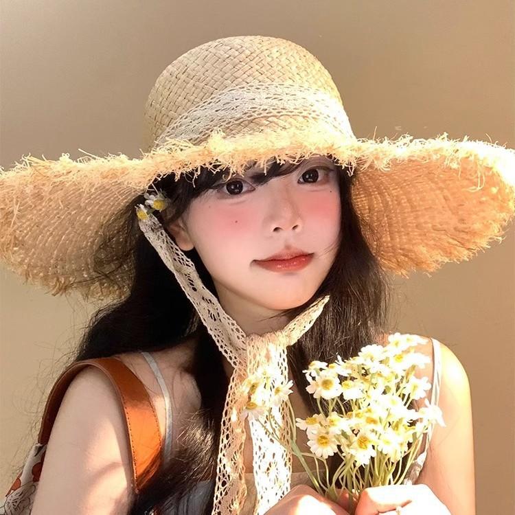 French Streamer Lafite Straw Hat Women's Summer Seaside Beach Vacation Sun Hat Large Brim Straw Shading Sun Protection Hat