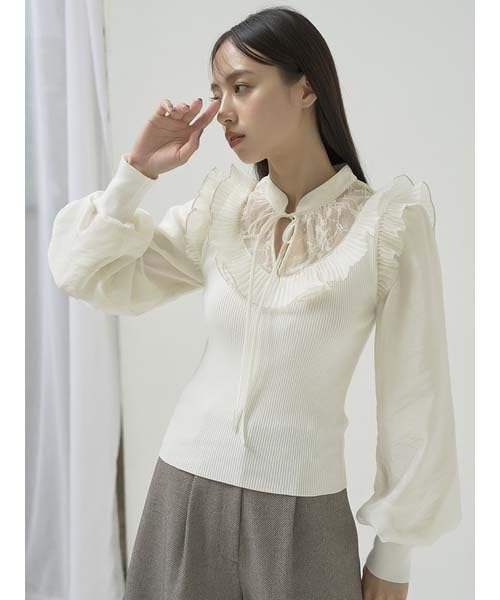Snidel Pleated Collar Docking Knit Pullover SWNT245231 White Women's