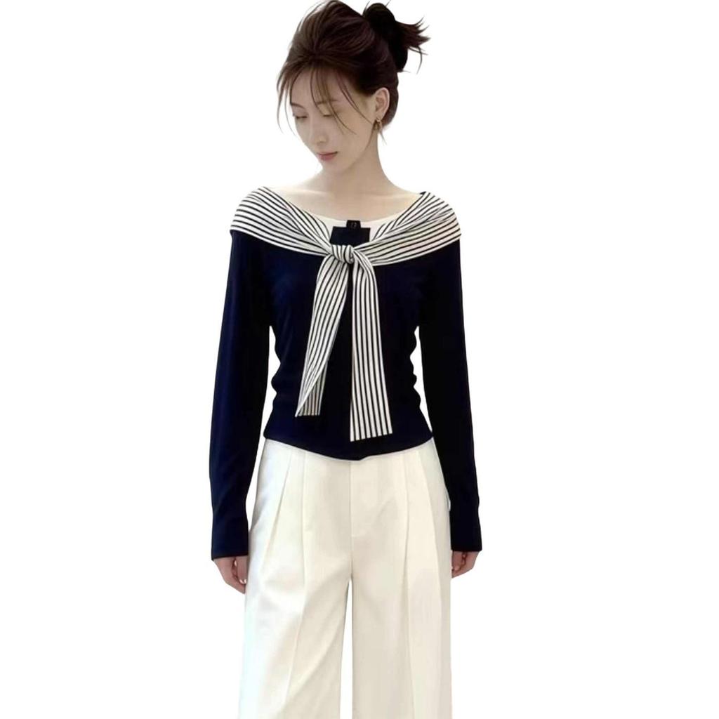 Korean Temperament Patchwork Stripe Tie-Up Long-Sleeve Slim-Fit Top for Women, Spring/Autumn, Niche Unique and Versatile Design