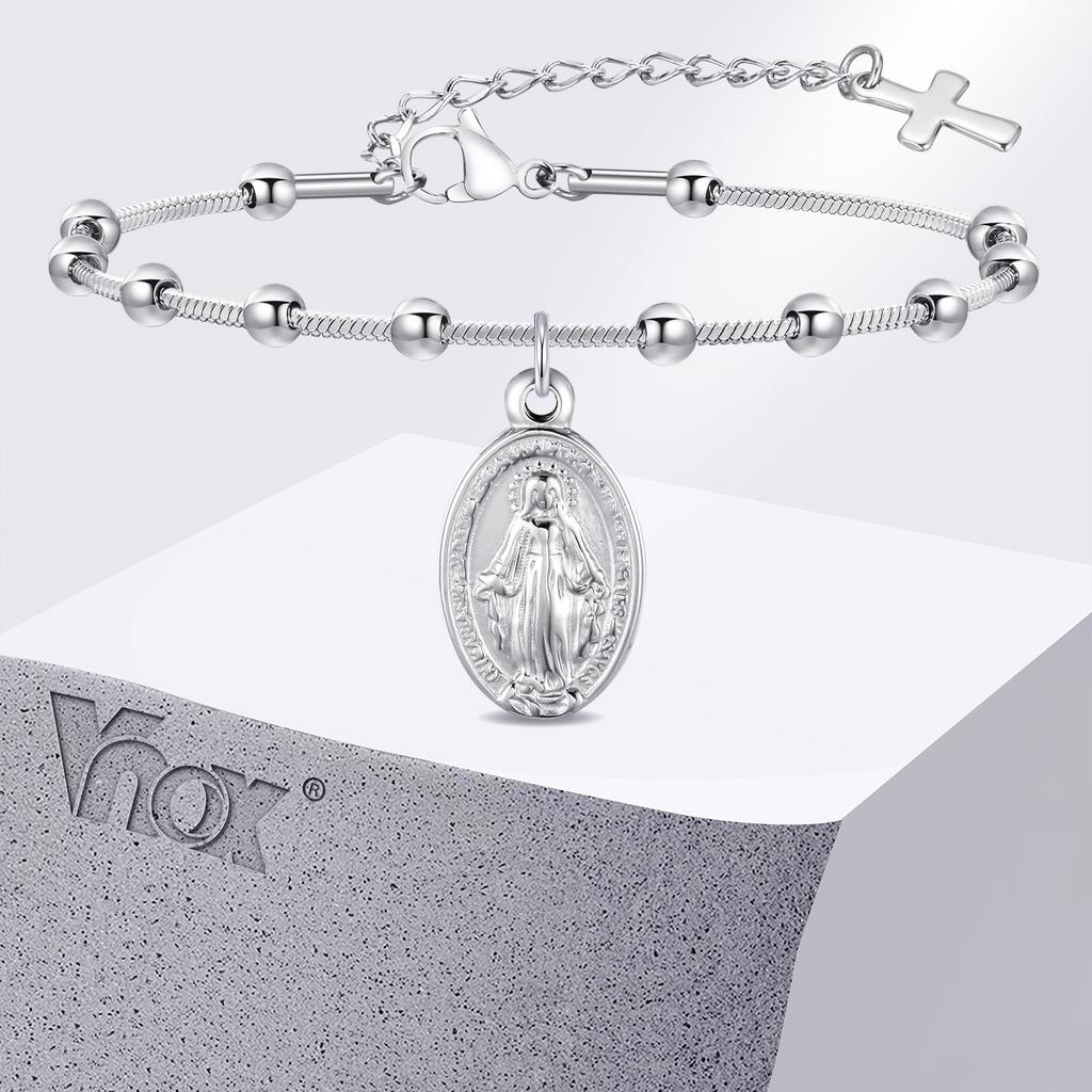 Rosary Bracelet for Women Girls, Gold Plated Stainless Steel Religious Cross and Virgin Mary Prayer Bracelets Gifts