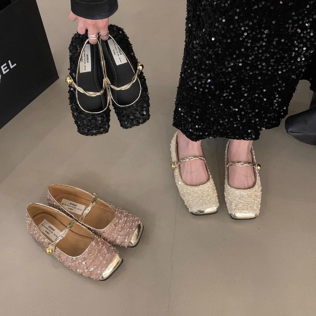 Niche high-end sequins Mary Jane single shoes women's shoes 2025 new spring flat-bottomed French temperament evening shoes