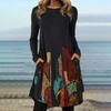 Lady Warm Long Sleeve Autumn Dress Trendy Casual Geometric Pattern Work Dress