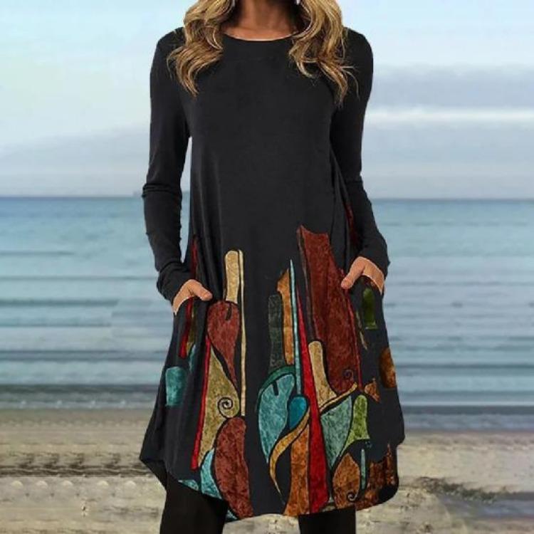 Lady Warm Long Sleeve Autumn Dress Trendy Casual Geometric Pattern Work Dress