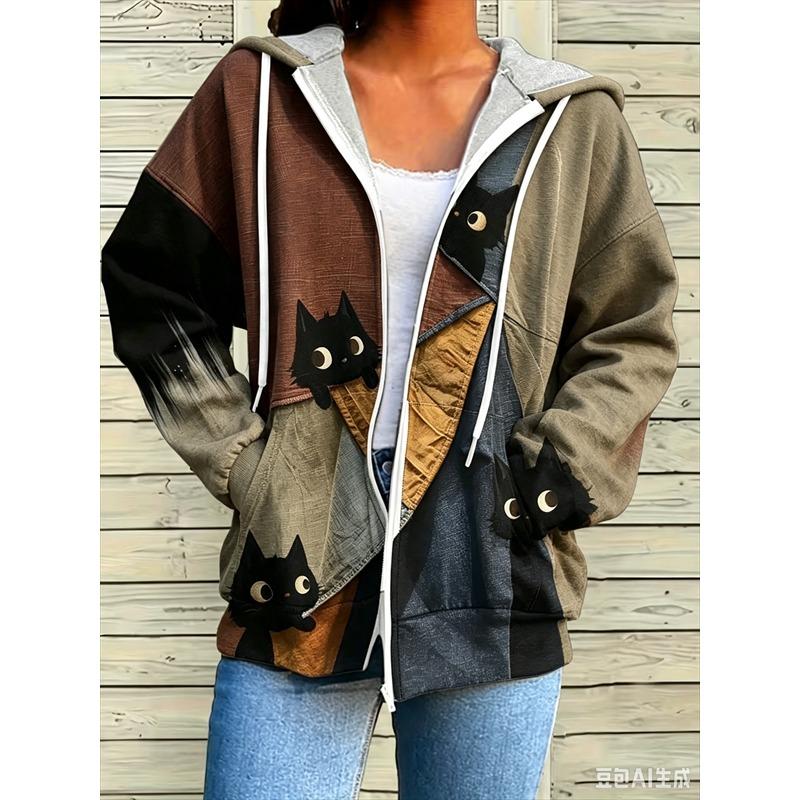 Felpa con cerniera, patchwork, alla moda, larga, casual da donna, stampa floreale, moda primavera ed estate