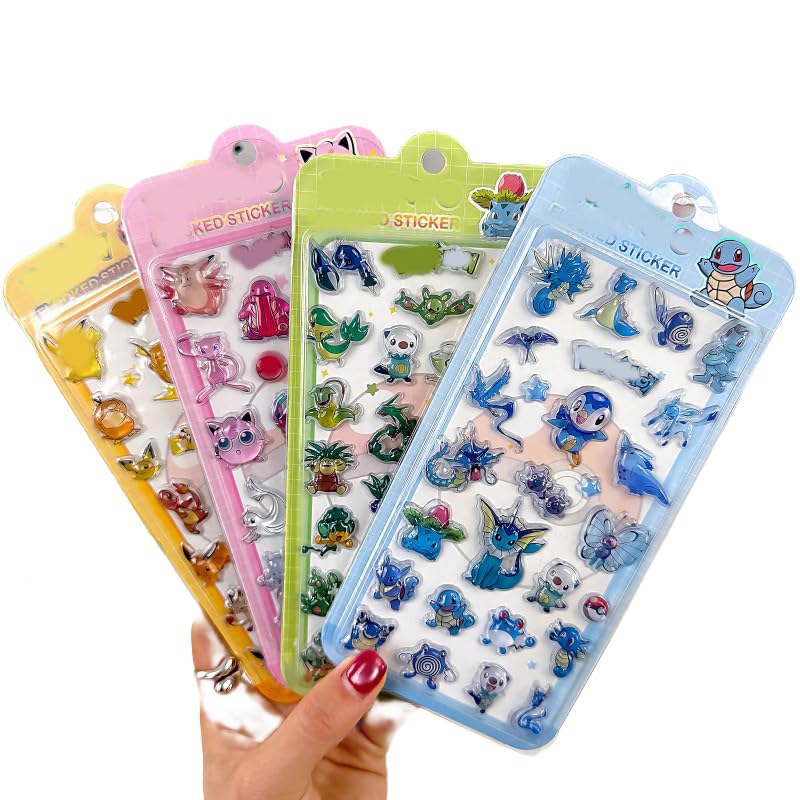 Bonhon Drop Seal Character Poke Mon 3D Three-Dimensional Glitter Sticker Goods Cute Deco Attachment DIY Use Notebook Gift (4 Piece Set-C) Parallel