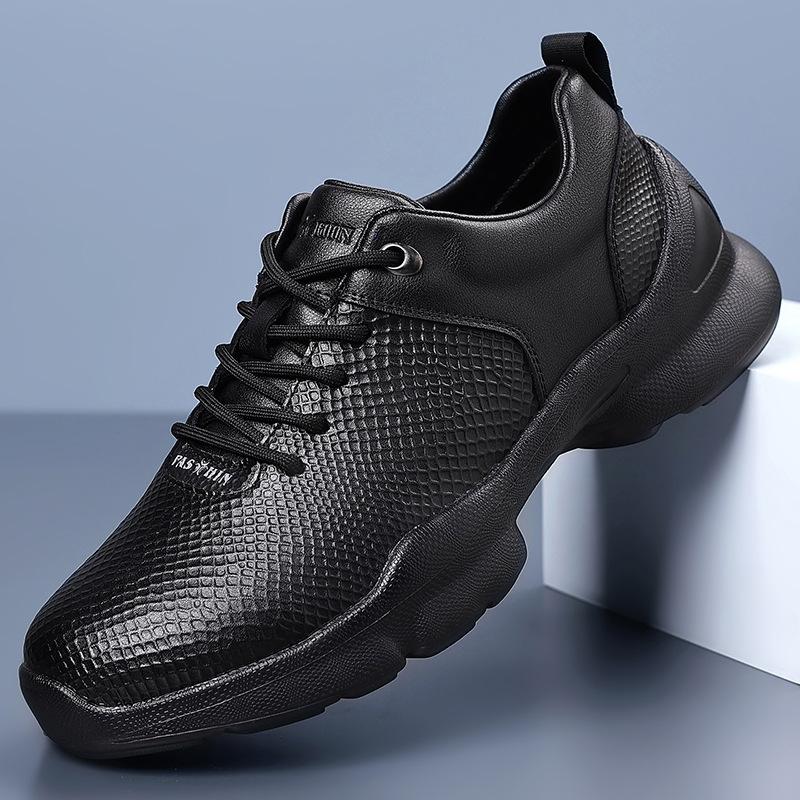 New Shoes for Men Leather Casual Shoes Cool Black Leisure Sport Shoes Thick-soled Lace-up Sneaker