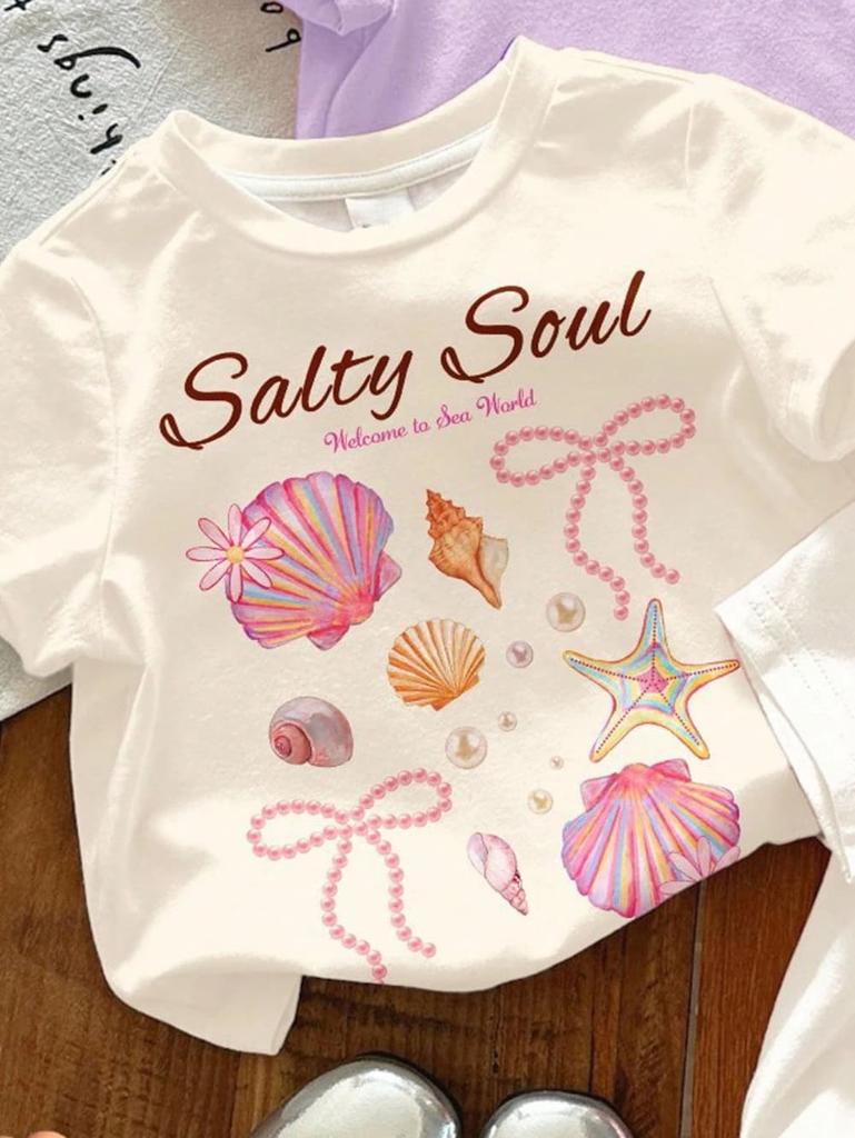 Girl T-Shirt Retro Vacation Colorful Marine Life Beach Print Casual Round Neck Short Sleeve T-Shirt Summer Kids Boys Girls Tops