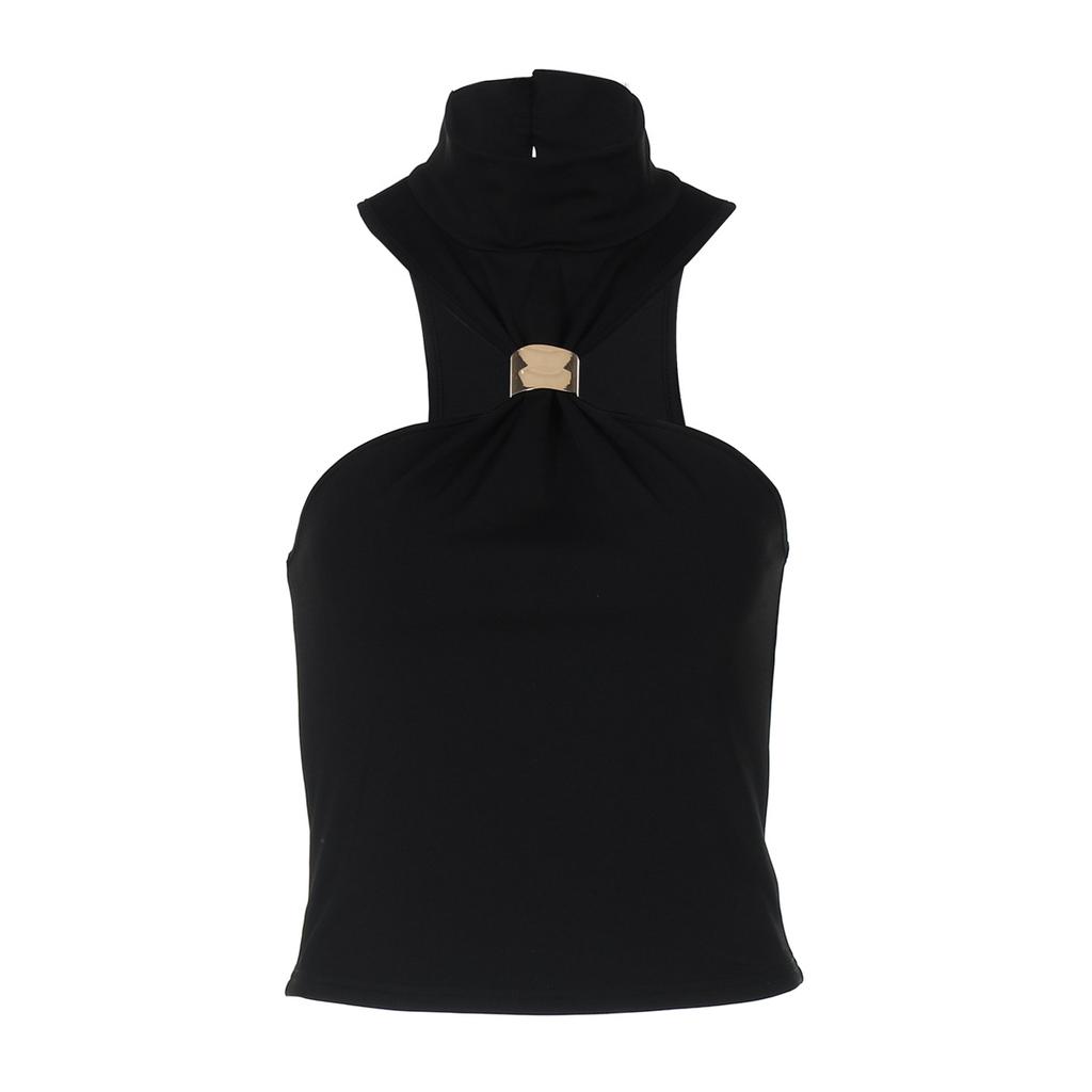 European and American Women's Clothing Summer New Fashion Personalized Neck Sleeveless Metal Ring High Neck Short Sleeve Small Vest
