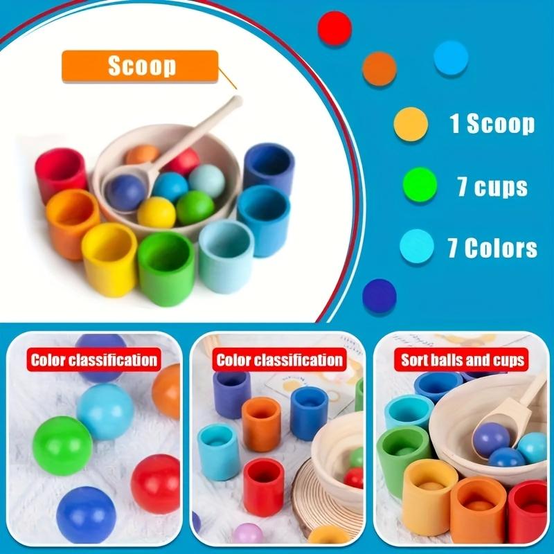 Wooden Classification Game Set, Rainbow Ball and Cup Color Classification Game, Fine Action Learning Toy, Puzzle Education Toy, Sensory Toy