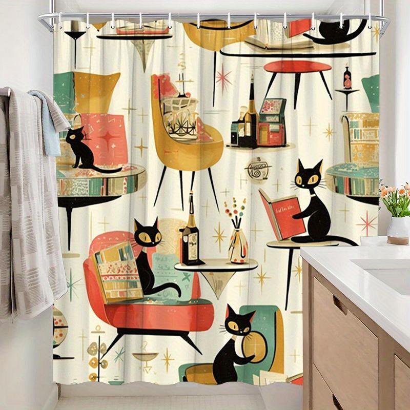 Elegant Retro Cats And Geometric Shapes Waterproof Shower Curtain – Perfect For Adding A Fun And Vintage Touch To Your Bathroo