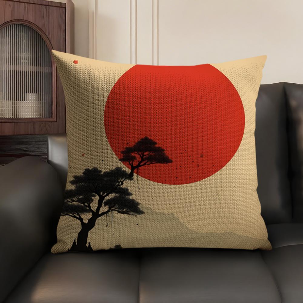 Chinese Ink Painting Style Pillow Case Natural Linen Organic Fabric Double-Sided Printing Sofa Home Decor Gift Cushion Cover