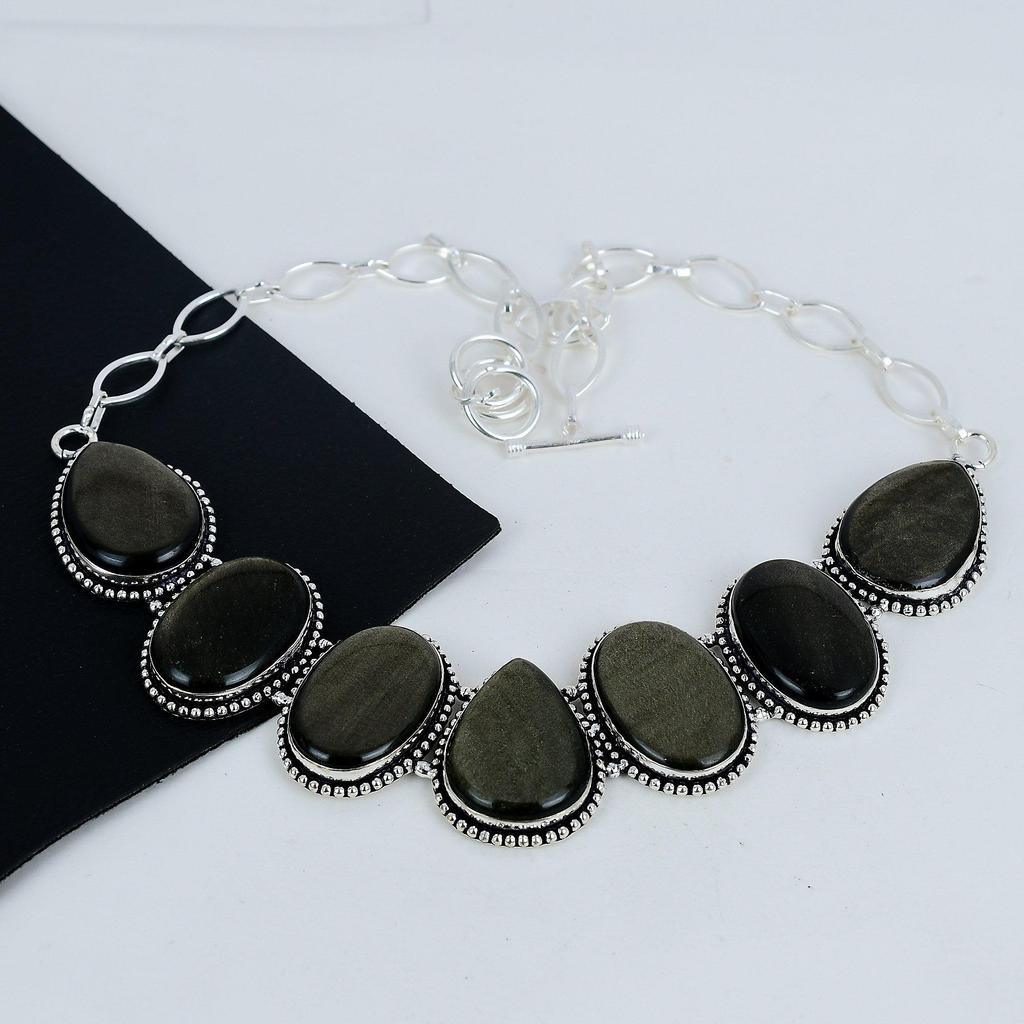 Golden Obsidian Gemstone Handmade 925 Sterling Silver Necklace, Golden Obsidian Silver Necklace For Wife, Unisex Necklace, Birthday Gift
