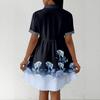 Women’s Casual Loose Fit Shirt Dress Button Front Stand Collar Short Sleeve Relaxed Tunic Dress with Geometric Print