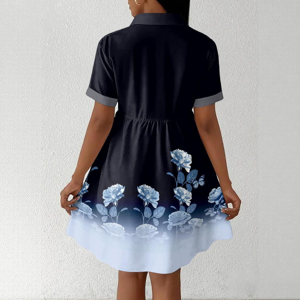 Women’s Casual Loose Fit Shirt Dress Button Front Stand Collar Short Sleeve Relaxed Tunic Dress with Geometric Print