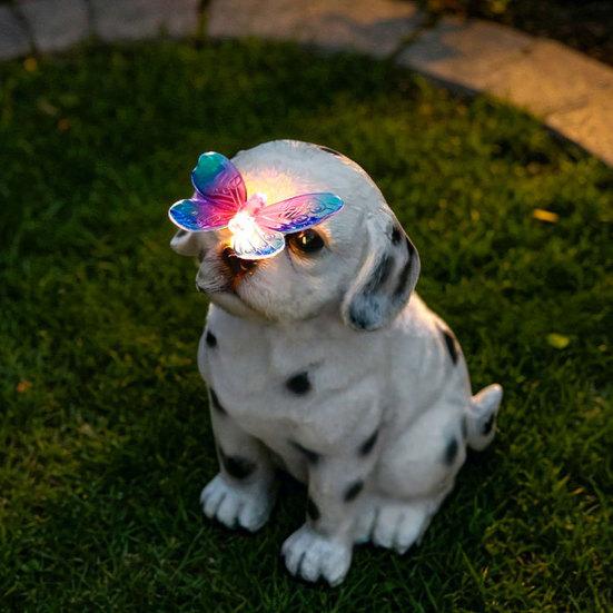 Solar Welpenstatue Licht, Garten gefleckter Hund Schmetterling Solarlicht, Outdoor niedliche Tier Skulptur Licht für Terrasse Rasen Hof