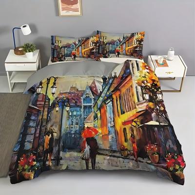 Oil Painting Style Street 3d Digital Printed Duvet Cover Fashion Youthful Quilt Cover Set Polyester Soft Comfortable Bedding Set